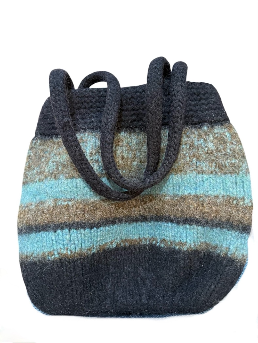 Felted 100% Wool Striped Tote Bag in Brown & Teal Double Handles Earthcore Boho